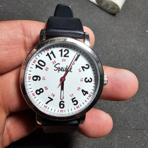 SPEIDEL ORIGINAL SCRUB WATCH QUARTZ SILVER TONE 60340007  BLACK BAND WORKING